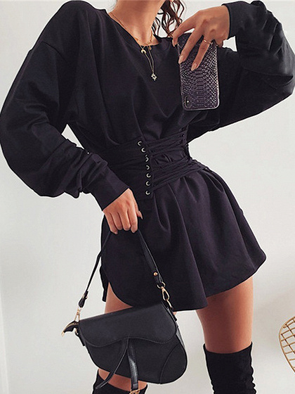 Black Eyelet Lace Up Front Long Sleeve Mini Dress