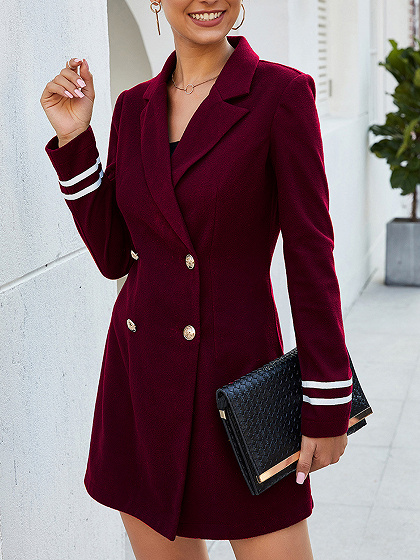 Burgundy Double-breasted Button Placket Long Sleeve Blazer