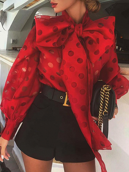 Red Polka Dot Bow Tie Front Puff Sleeve Blouse