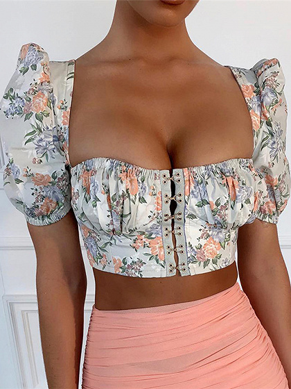 White Square Neck Floral Print Puff Sleeve Crop Top