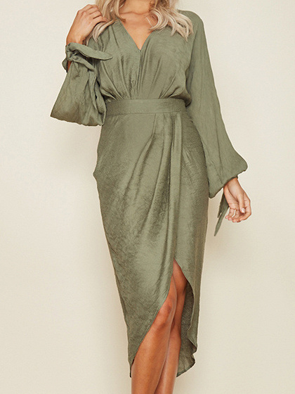Army Green V-neck Long Sleeve Hi-Lo Midi Dress