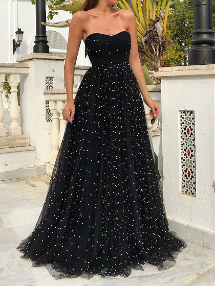 Black Bandeau Pearl Embellished Maxi Dress