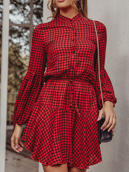 Red Plaid Christmas Long Sleeve Mini Dress