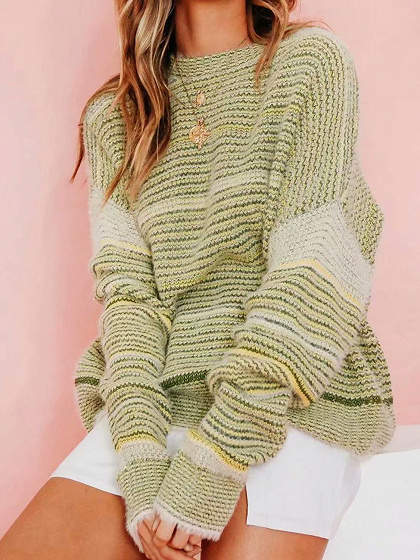 Light Green Stripe Long Sleeve Mohair Knit Sweater