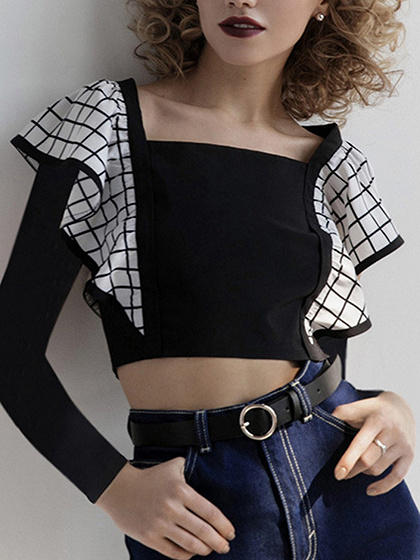 Black Plaid Panel Ruffle Trim Long Sleeve Crop Top