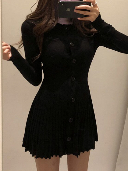 Black Ribbed Pleated Hem Long Sleeve Mini Dress