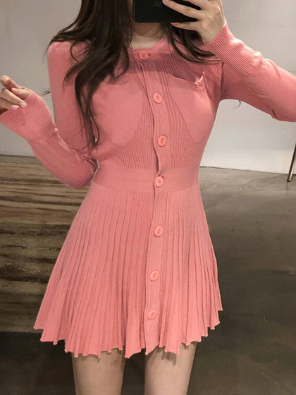 Pink Ribbed Pleated Hem Long Sleeve Mini Dress