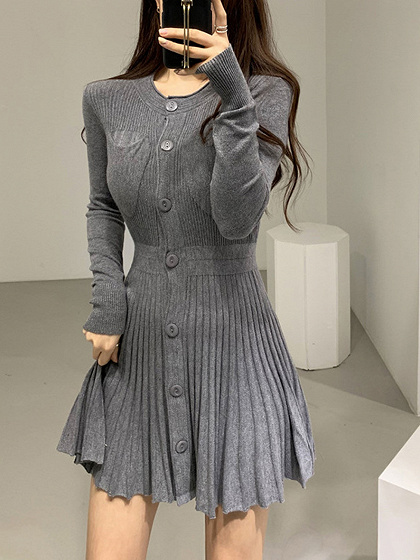 Gray Ribbed Pleated Hem Long Sleeve Mini Dress