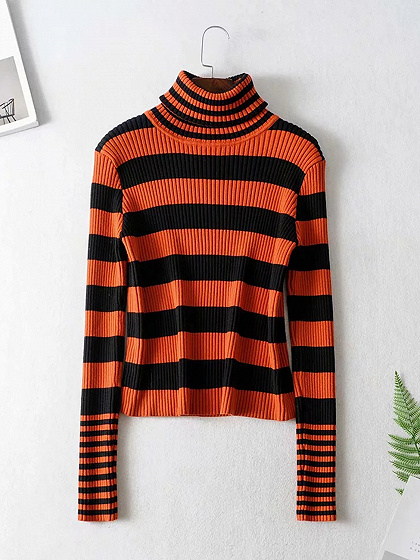 Brown Stripe High Neck Long Sleeve Sweater | Choies