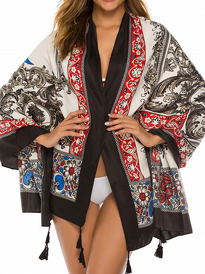 White Contrast Pattern Print Tassel Detail Cape