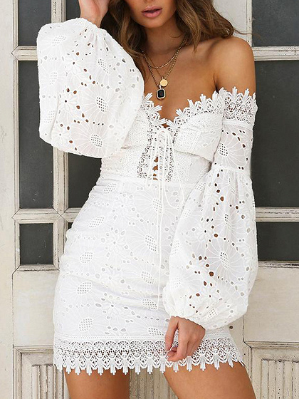 White Off Shoulder Lace Up Front Puff Sleeve Mini Dress