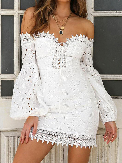 White Off Shoulder Lace Up Front Puff Sleeve Mini Dress Choies