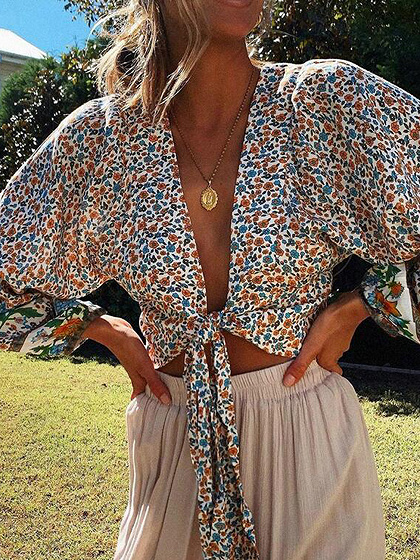 Polychrome Plunge Floral Print Puff Sleeve Crop Blouse