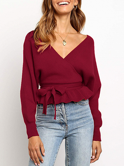 Red V-neck Long Sleeve Sweater
