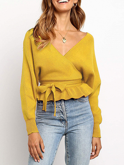Yellow V-neck Long Sleeve Sweater