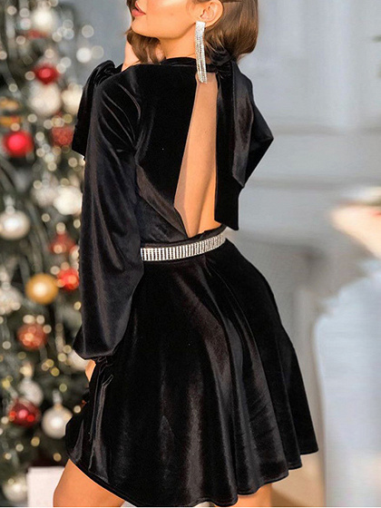Black Open Back Long Sleeve Mini Dress