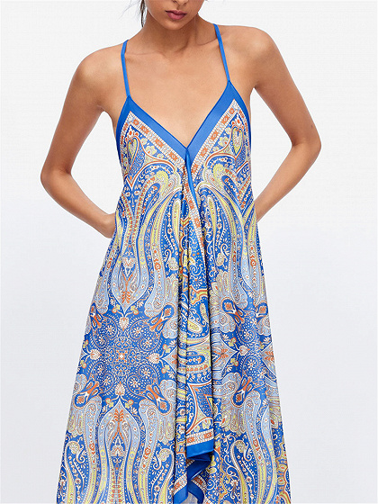 Blue V-neck Floral Print Cami Midi Dress