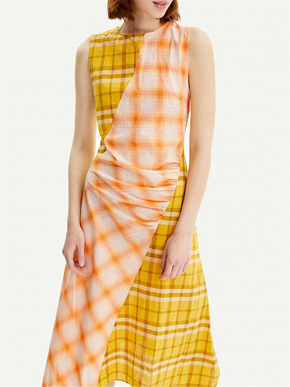 Yellow Contrast Plaid Sleeveless Midi Dress
