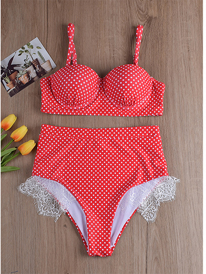 Red Polka Dot Print Bikini Top And High Waist Bottom | Choies