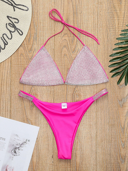 Pink Rhinestone Detail Bikini Top And Bottom | Choies