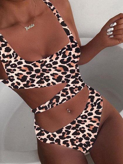 Brown Leopard Print Cut Out Detail Swimsuit
