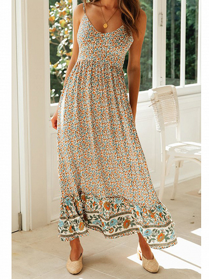 Beige Plunge Floral Print Cami Maxi Dress