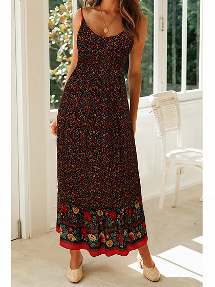 Black Plunge Floral Print Cami Maxi Dress | Choies