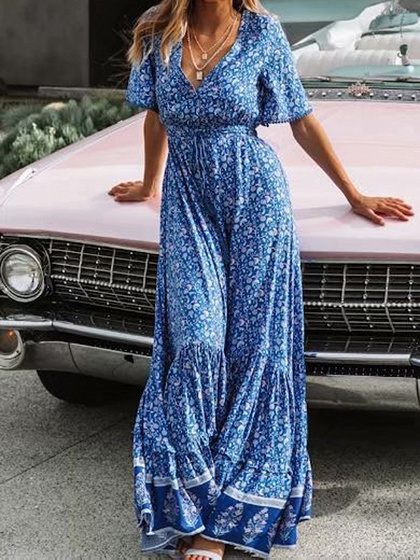 Blue V-neck Floral Print Maxi Dress