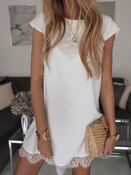 White Lace Trim Mini Dress