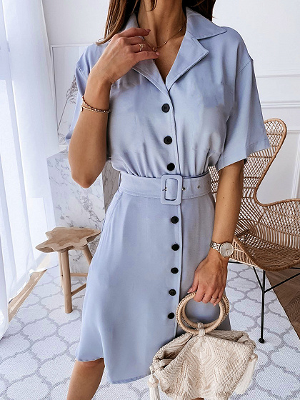 Light Blue Button Placket Front Mini Dress