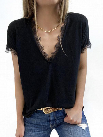 Black V-neck Lace Trim Blouse