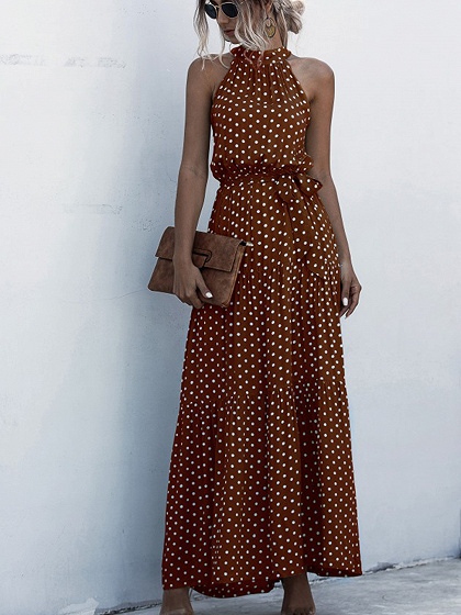 Brown Floral Print Sleeveless Maxi Dress