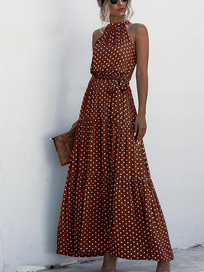 Brown Floral Print Sleeveless Maxi Dress | Choies