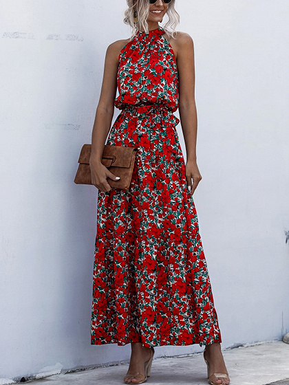 Red Floral Print Sleeveless Maxi Dress