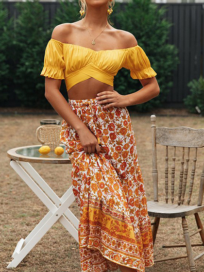 Yellow V-neck Puff Sleeve Crop Top