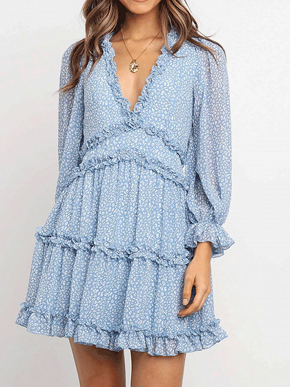 Blue V-neck Leopard Print Long Sleeve Mini Dress