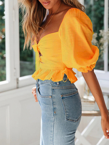 Yellow Plunge Open Back Puff Sleeve Blouse