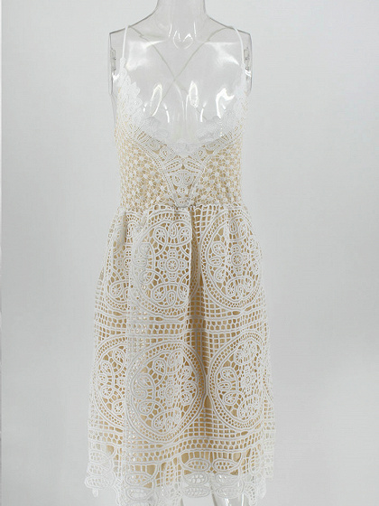 White V-neck Lace Up Back Lace Cami Dress | Choies