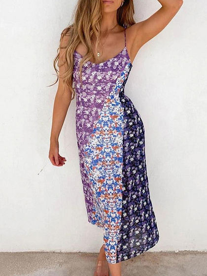 Purple V-neck Floral Print Cami Maxi Dress | Choies