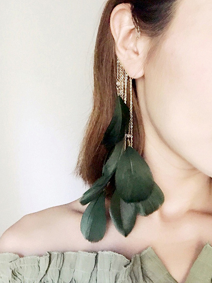 Dark Green Alloy Tassel Feather Chic Women Earrings