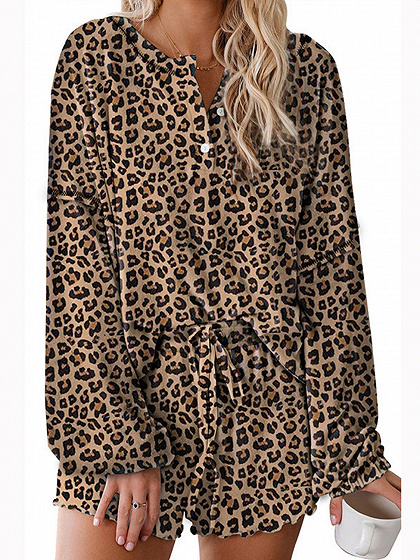 Brown Leopard Print Long Sleeve Top And Shorts