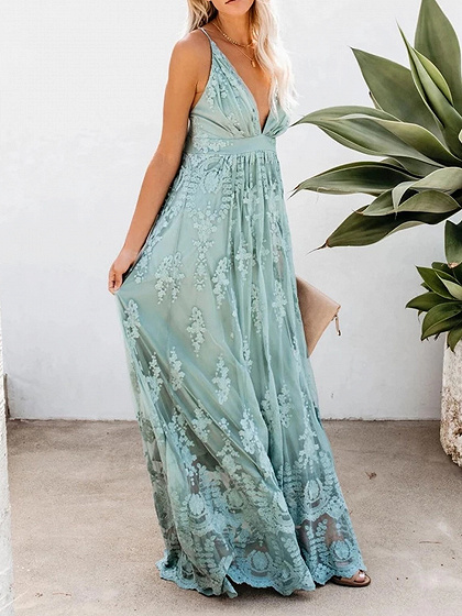 Light Blue Plunge Open Back Cami Maxi Dress | Choies