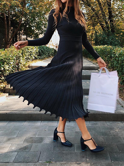 Black Faux Leather Pleat Midi Dress | Forever Unique