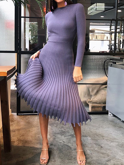 Purple Pleated Detail Long Sleeve Midi Dress
