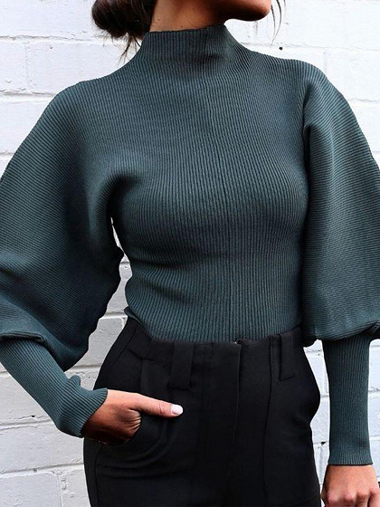 Green High Neck Puff Sleeve Sweater
