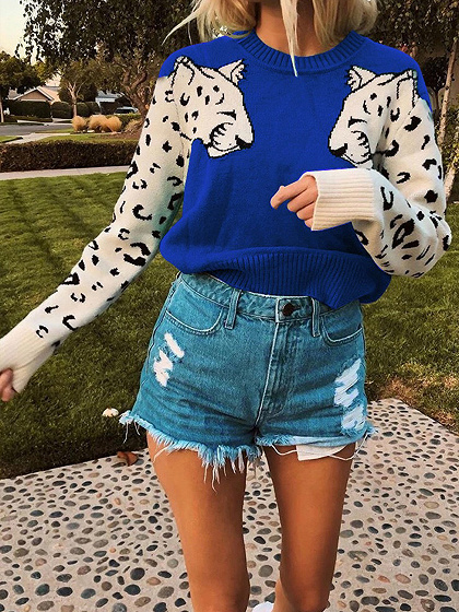 Blue Leopard Print Panel Long Sleeve Sweater