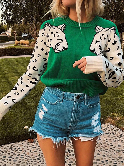 Suéter de manga larga con panel de estampado de leopardo verde