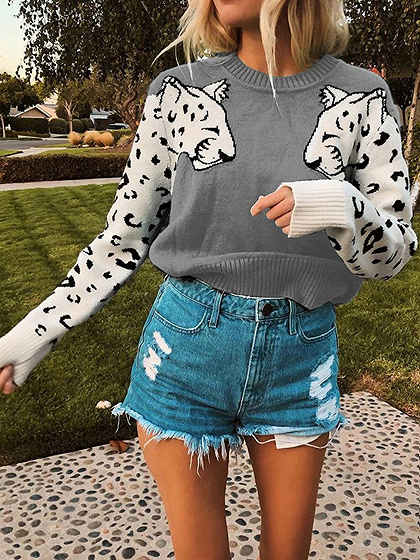 Gray Leopard Print Panel Long Sleeve Sweater | Choies