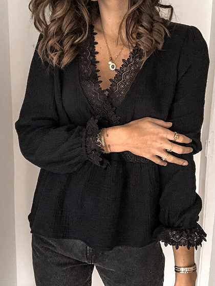 Black V Neck Lace Panel Long Sleeve Blouse Choies