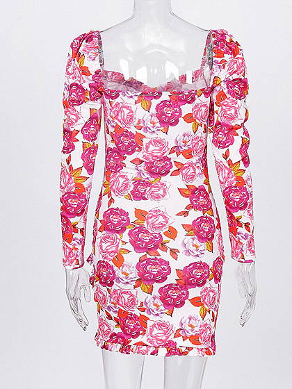 Long Sleeve Mini Dress with Sheer Floral Overlay - Pink